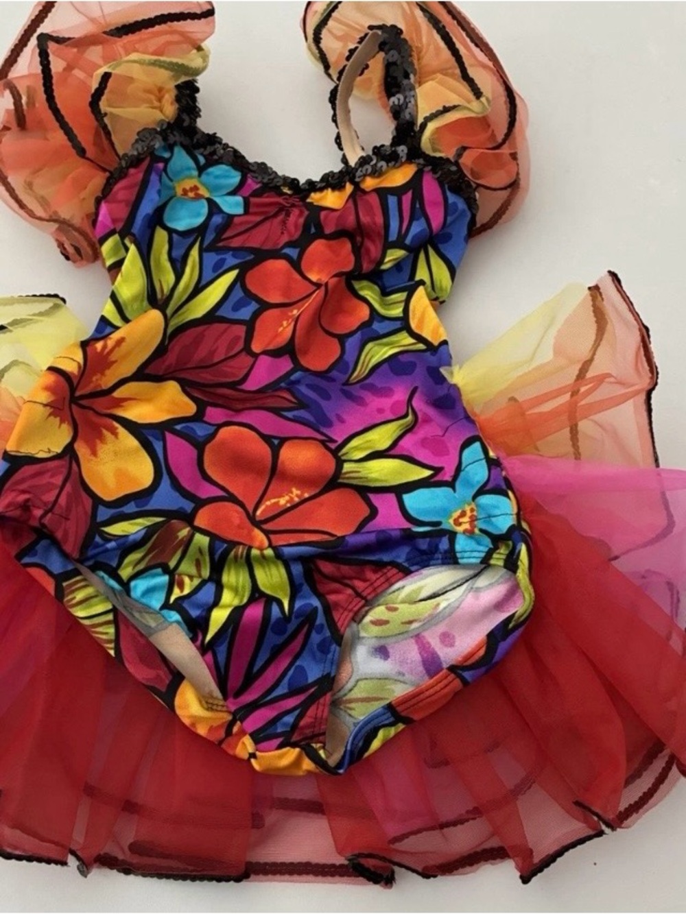 Awish Girls dance costume Bright Floral One-Piece with Red Tulle Skirt